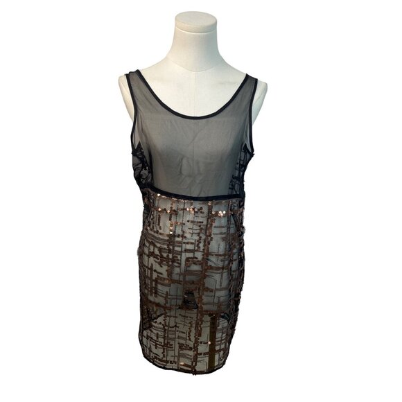 Black Sheer Sleeveless Dress With Bronze Sequin Geometric Pattern - Picture 1 of 6
